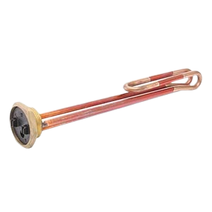 An electric immersion heater with a copper coil and black base, used for heating water