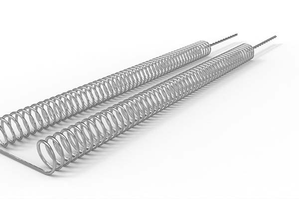 Two open coil elements with helical metal coils and extended electrical connection rods on a white background.